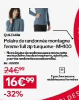 Decathlon QUECHUA Polaire de randonnée montagne femme full zip turquoise - MH100 offre