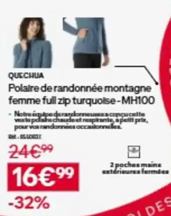 QUECHUA Polaire de randonnée montagne femme full zip turquoise - MH100