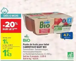 Carrefour Drive Carrefour - purée de fruits pour bébé baby bio offre