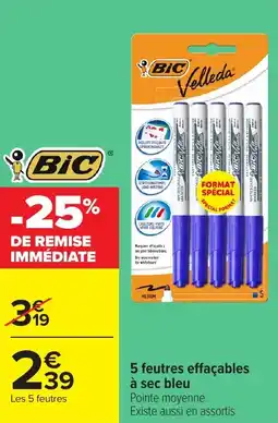 Carrefour BIC 5 feutres effaçables à sec bleu offre