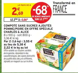 Intermarché Charles & alice compote sans sucres ajoutés pomme/poire offre