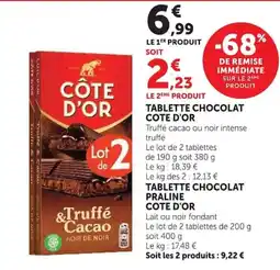 Super U CÔTE D'OR TABLETTE CHOCOLAT offre
