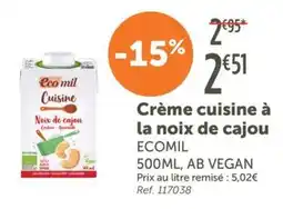 L'Eau Vive ECOMIL Crème cuisine à la noix de cajou offre