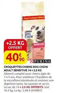 Rural Master Purina - croquettes chiens dog chow adult sensitive 14 + 2.5 kg offre