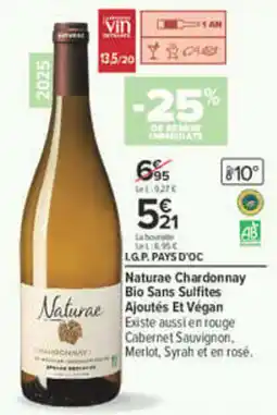 Carrefour Naturae Chardonnay bio sans sulfites ajoutes et vegan offre