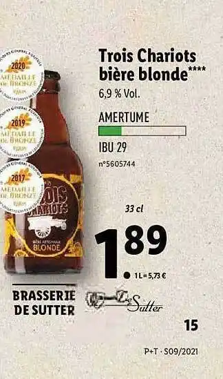 Lidl Trois Chariots Bière Blonde offre