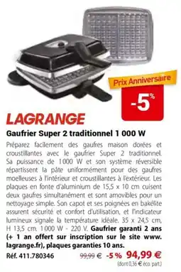 Mathon Lagrange gaufrier super 2 traditionnel offre