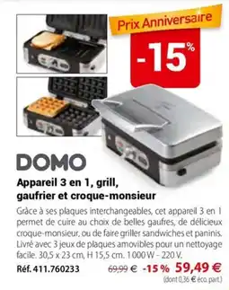Mathon Domo appareil 3 en 1, grill, gaufrier et croque-monsieur offre