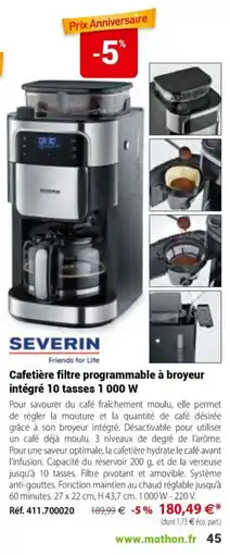 Mathon SEVERIN Cafetière filtre programmable à broyeur intégré 10 tasses offre