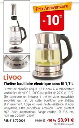 Mathon LIVOO Théière bouilloire électrique sans fil 1,7 L offre