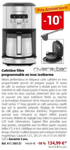 Mathon Cafetiere filtre programmable en inox isotherme offre