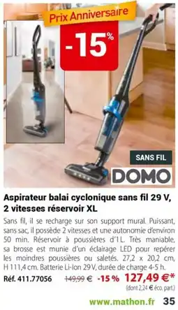 Mathon DOMO Aspirateur balai cyclonique sans fil 29 V offre