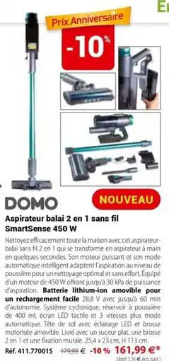 Mathon Domo aspirateur balai 2 en 1 sans fil smartsense 450 w offre