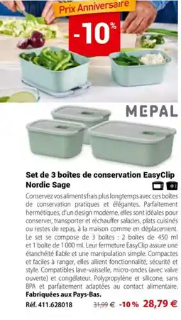 Mathon MEPAL Set de 3 boîtes de conservation EasyClip Nordic Sage offre