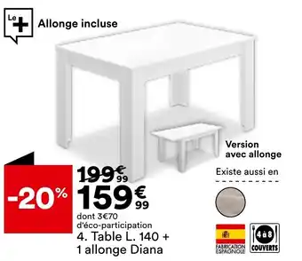 BUT Table L. 140 + 1 allonge diana offre
