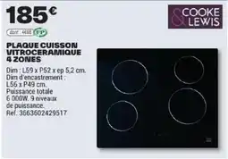 Brico Dépôt COOKE LEWIS PLAQUE CUISSON VITROCERAMIQUE 4 ZONES offre