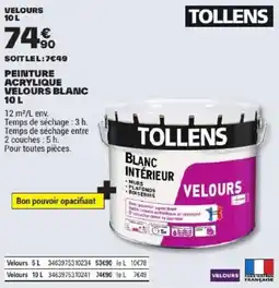 Brico Dépôt TOLLENS PEINTURE ACRYLIQUE VELOURS BLANC offre