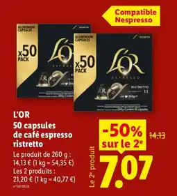 Lidl L'OR 50 capsules de café espresso ristretto offre