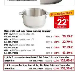 Mathon Casserole tout inox (sans manche ou anse) offre
