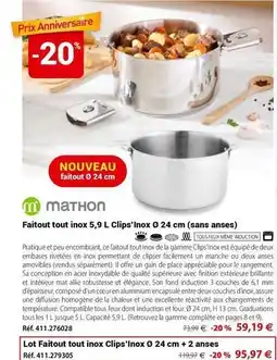 Mathon Tous - faitout tout inox 5,9l clips' inox 24 cm (sans ansee) offre