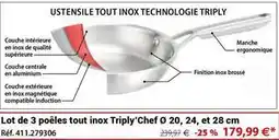 Mathon Lot de 3 poêles tout inox triply' cheff 20, 24, et 28 cm offre