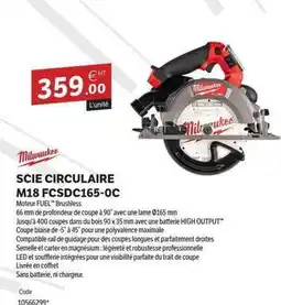 DomPro Milwaukee - scie circulaire m18 fcsdc165-0c offre