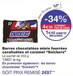 Monoprix SNICKERS Barres chocolatées minis fourrées cacahuètes et caramel offre