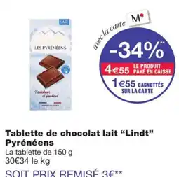 Monoprix Lindt Tablette de chocolat lait offre