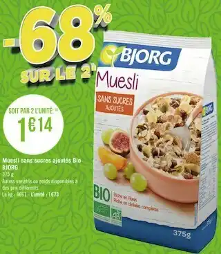 Géant Casino Bjorg muesli sans sucres ajoutés bio offre