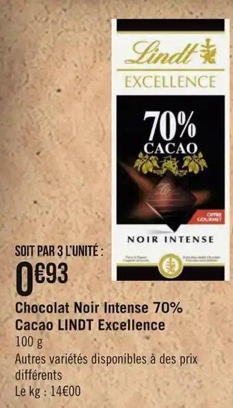 Géant Casino Lindt chocolat noir intense 70% cacao excellence offre