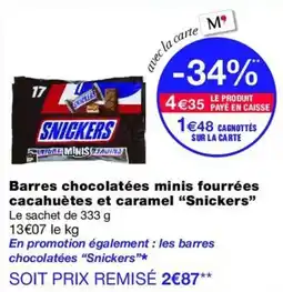 Monop' SNICKERS Barres chocolatées minis fourrées cacahuètes et caramel offre