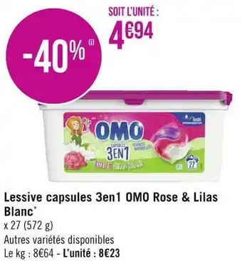 Géant Casino Omo lessive capsules 3en1 rose & lilas blanc* offre