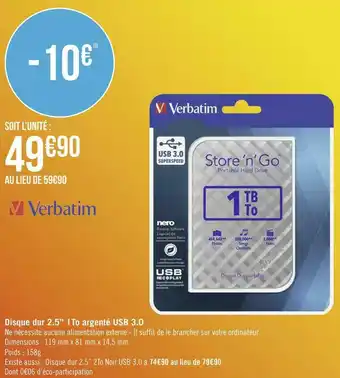 Géant Casino Verbatim disque dur 2.5’’ 1to argenté usb 3.0 offre