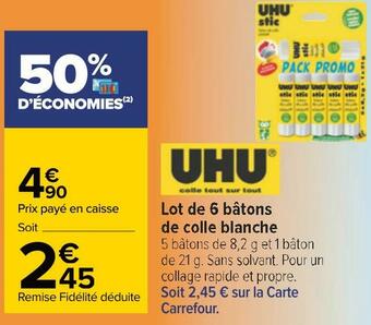 Carrefour Uhu lot de 6 bâtons de colle blanche offre