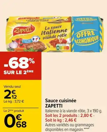 Carrefour Zapetti sauce cuisinée offre