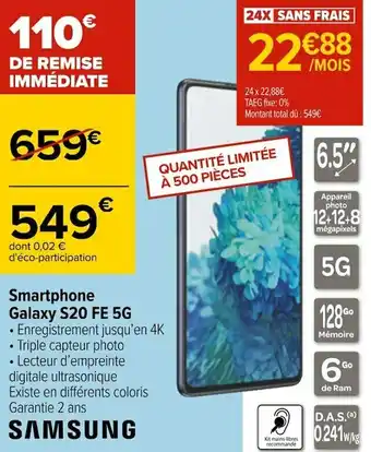Carrefour Samsung smartphone galaxy s20 fe 5g offre