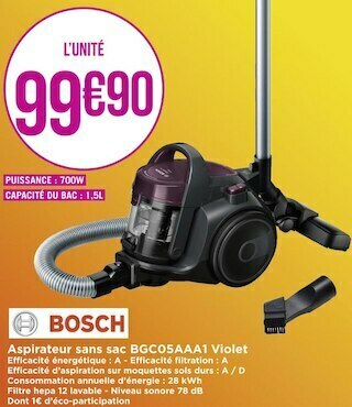Géant Casino Bosch aspirateur sans sac bgc05aaa1 violet offre