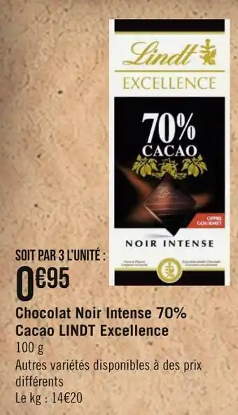 Géant Casino Lindt excellence chocolat noir intense 70% cacao offre