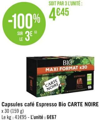 Géant Casino Carte noire capsules café espresso bio offre