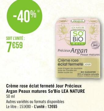 Géant Casino Léa nature crème rose éclat fermeté jour précieux argan peaux matures so’bio offre