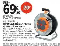 E.Leclerc Brico zenitech ENROULEUR MÉTAL 4 PRISES offre