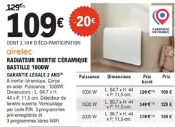 E.Leclerc Brico airelec RADIATEUR INERTIE CÉRAMIQUE BASTILLE 1000W offre