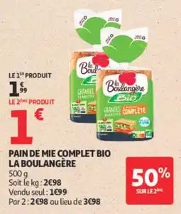 Auchan La Boulangère Pain de mie complet bio offre