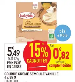 naturéO Babybio gourde crème semoule vanille 4 x 85 g offre