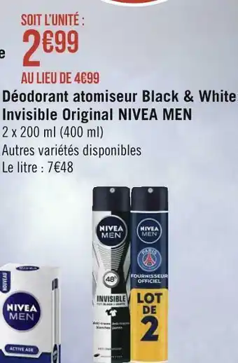 Géant Casino Nivea men déodorant atomiseur black & white invisible original offre