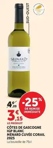Super U Côtes de gascogne igp blanc cuvée corail 202 offre