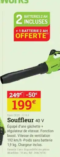 Espace emeraude Greenworks souffleur 40 v offre
