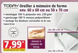 Norma Today oreiller à mémoire de forme env. 60 x 60 cm ou 50 x 70 cm offre