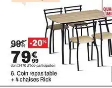 BUT Coin repas table + 4 chaises rick offre