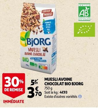 Auchan Muesli avoine chocolat bio bjorg offre
